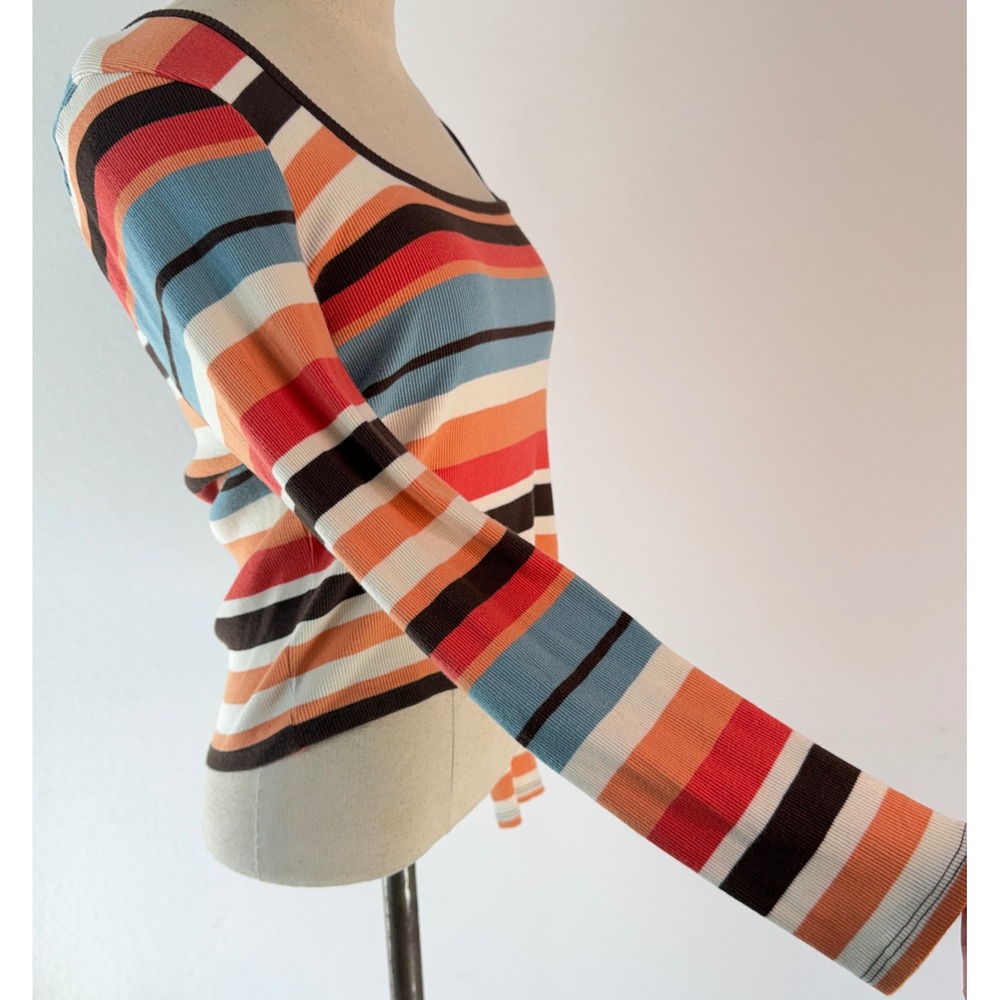 O'Neil Retro Colorful Striped Babydoll Top Fitted Y2K Boho Indie Ribbed Knit Med - Picture 3 of 8